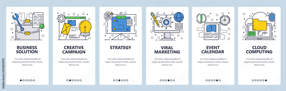 Sticker vector web site linear art onboarding screens template. business strategy and solutions. menu banner
