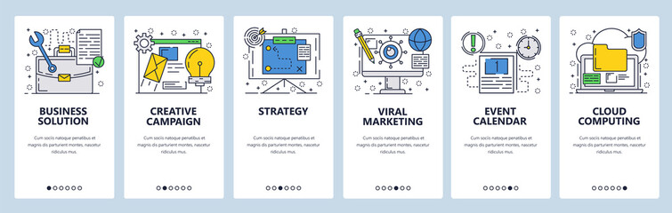 Vector web site linear art onboarding screens template. Business strategy and solutions. Menu banners for website and mobile app development. Modern design flat illustration.