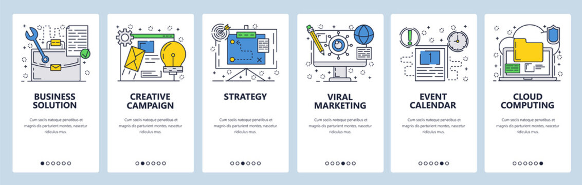 Vector web site linear art onboarding screens template. Business strategy and solutions. Menu banners for website and mobile app development. Modern design flat illustration.