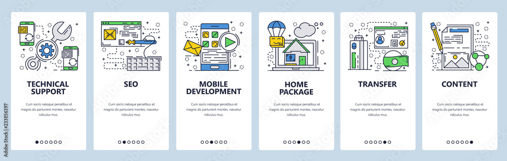 Poster vector web site linear art onboarding screens template. technical support, money transfer and websit