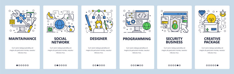 Vector web site linear art onboarding screens template. Designer, website coding, business security. Menu banners for website and mobile app development. Modern design flat illustration.