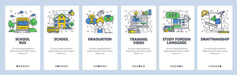 Vector web site linear art onboarding screens template. Education, school, tutorial video and books. Menu banners for website and mobile app development. Modern design flat illustration.