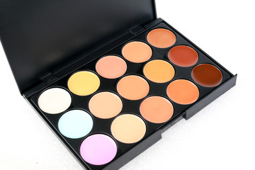 Beauty makeup face hair accessories beautician artist on white background copy space border frame top view