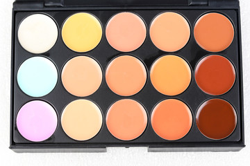 Beauty makeup face hair accessories beautician artist on white background copy space border frame top view