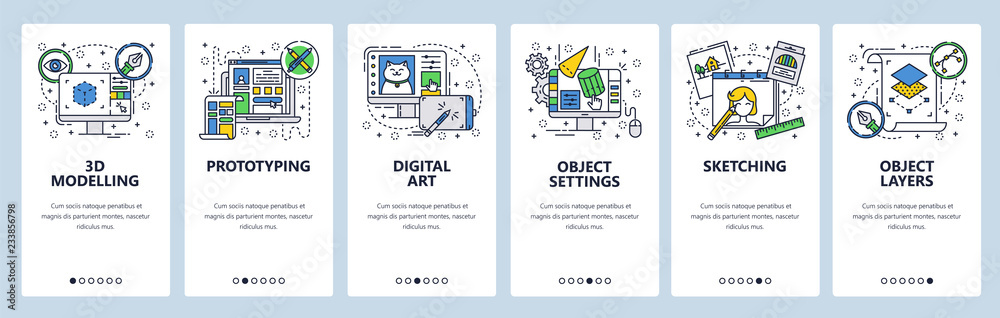 Fototapete vector web site linear art onboarding screens template. digital art and design, 3d modelling, drawin