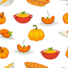 Delicious pumpkin dishes for main course and dessert seamless pattern.
