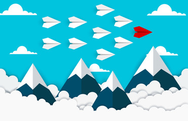 Paper plane are competition go to destination up to the sky between cloud and mountain.. go to success goal. business financial concept. leadership. creative idea. illustration vector. startup