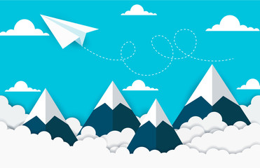concept of business success. paper plane flying on sky between cloud and mountain. beautiful natural landscape. To the target. creative idea. cartoon vector illustration