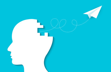 Paper plane flying out of the human head. creative idea. spark success in business. isolated blue background. cartoon vector illustration