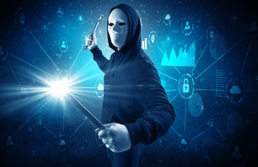 Armed burglar in dark secured database network cloud and report concept