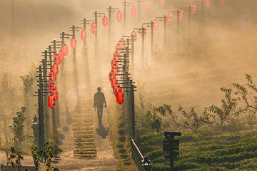Ban Rak Thai Village,  Mae Hong Son province Northern Thailand. (Chinese characters at red lantern...