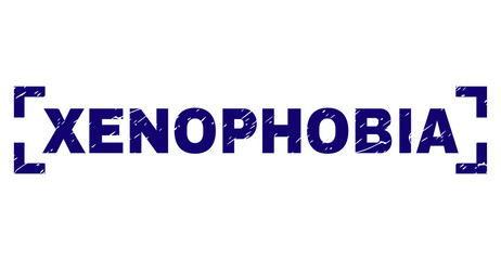 XENOPHOBIA caption seal print with distress texture. Text tag is placed inside corners. Blue vector rubber print of XENOPHOBIA with retro texture.