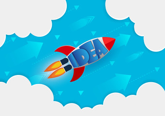 Naklejka na ściany i meble space shuttle launches to sky. go to the goal of financial business success and effort go to target growth. creative idea. leadership. cartoon vector illustration