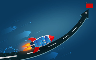 Space shuttle on the road. isolated from the blue background. start up business finance concept. competition for success and corporate goal. creative idea. icon. cartoon vector illustration
