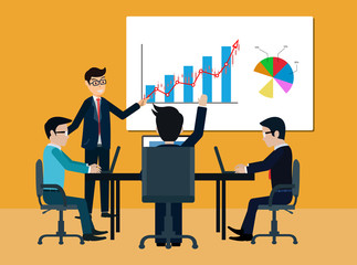 teamwork business meeting concept. businessmen help to brainstorm modern idea and to achieve success and rise. manager hold a conference. and comment on the participant. cartoon vector  illustrated 