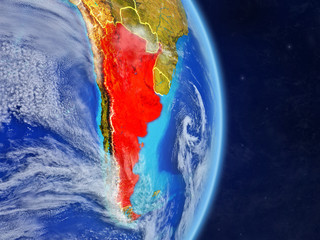 Argentina on planet planet Earth with country borders. Extremely detailed planet surface and clouds.