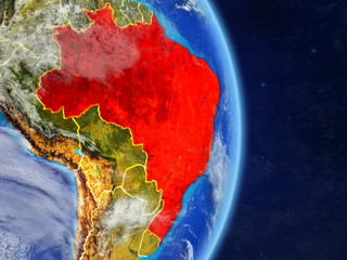 Brazil on planet planet Earth with country borders. Extremely detailed planet surface and clouds.
