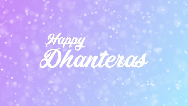 Happy Dhanteras Greeting card text with beautiful snow and stars particles background for celebration, wishes, events, messages, holidays, festival.