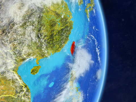 Taiwan on planet planet Earth with country borders. Extremely detailed planet surface and clouds.