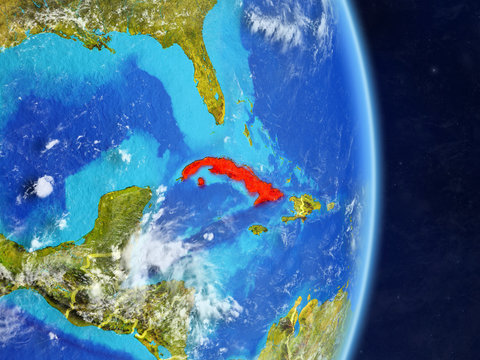 Cuba on planet planet Earth with country borders. Extremely detailed planet surface and clouds.
