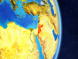 Jordan on planet planet Earth with country borders. Extremely detailed planet surface and clouds.