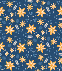 Holiday star anise and other spices seamless vector repeat pattern background with star anise, cinnamon, nutmeg allspice and clove.