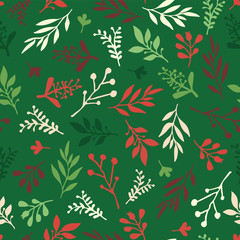 Seamless Holiday vector background with abstract leaves red, green, beige. Simple leaf texture, endless foliage pattern. Christmas background. Paper, pattern fill, web banner, fabric, invitation card