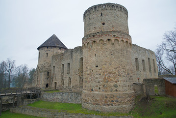 Fototapeta na wymiar Wenden Castle on a gloomy November day. Cesis, Latvia