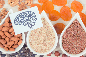 Drawing of brain and healthy food for power and good memory, nutritious eating containing vitamins and minerals