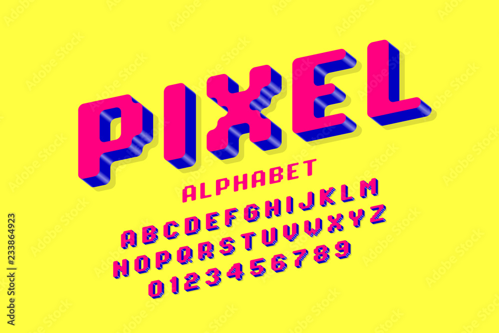 Fototapete pixel font, 3d retro video game style alphabet letters and numbers