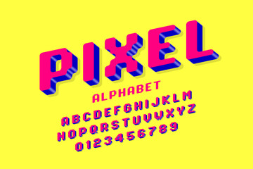 Pixel font, 3d retro video game style alphabet letters and numbers