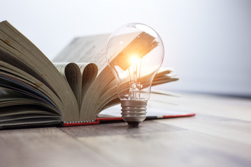 Light bulbs glowing with book