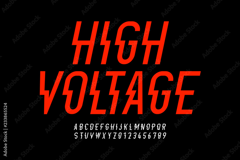 Wall mural danger! hight voltage style modern font design, alphabet letters and numbers