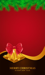 Christmas greeting card template with golden bell and garland decoration. vector illustration