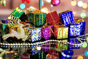 Fototapeta premium Christmas tree with decorative lighting and beautiful accessories.
