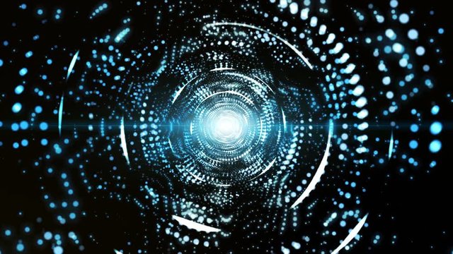 Seamless loop, digital abstract white blue glamour tunnel with lights and magic dust particles, background for celebration.
