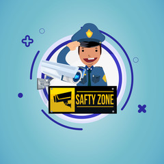 olice chacter design with CCTV or Surveillance camera. safty zone sign - vector