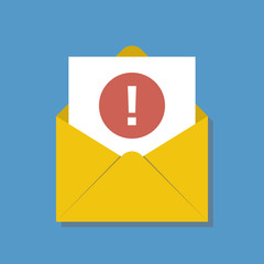opened yellow envelope with exclamation sign round red icon