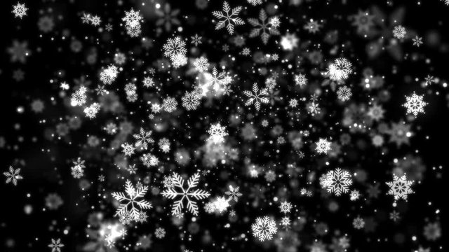 Winter, new Year and Christmas black and white background. Abstract and Blurred snowflakes. Holiday Background. 4K looped animation