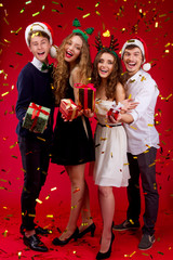 New Year party concept happy fun smiling friends hipster company wearing fairy tale carnival...