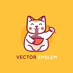 Vector logo design template in cartoon flat linear style - smiling maneki cat eating noodles