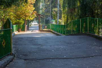 beautiful park outdoor nature environment place with empty road path through small arch wooden bridge for rest and walking place in calm fresh morning sunny weather time 