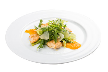 Salad with grilled chicken and almonds. On a white background