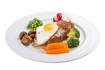 Usual breakfast. Steak, egg and vegetables. On a white background