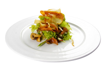 Munich salad with mushrooms and potato chips. Vegetarian dish