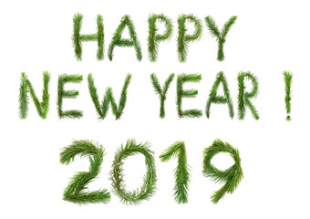 2019 New Year. Two thousand nineteen New Year. Numbers are made of a pine tree branches. Isolated...