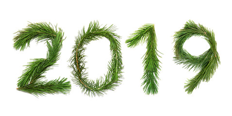 2019 New Year. Two thousand nineteen New Year. Numbers are made of a pine tree branches. Isolated...