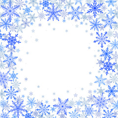 Winter frame of blue snowflakes on white background. Cold weather winter symbols