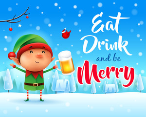 Merry Christmas! Little elf with beer in Christmas snow scene winter landscape.