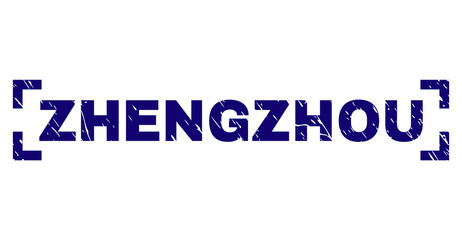ZHENGZHOU text seal print with grunge effect. Text tag is placed inside corners. Blue vector rubber print of ZHENGZHOU with corroded texture.